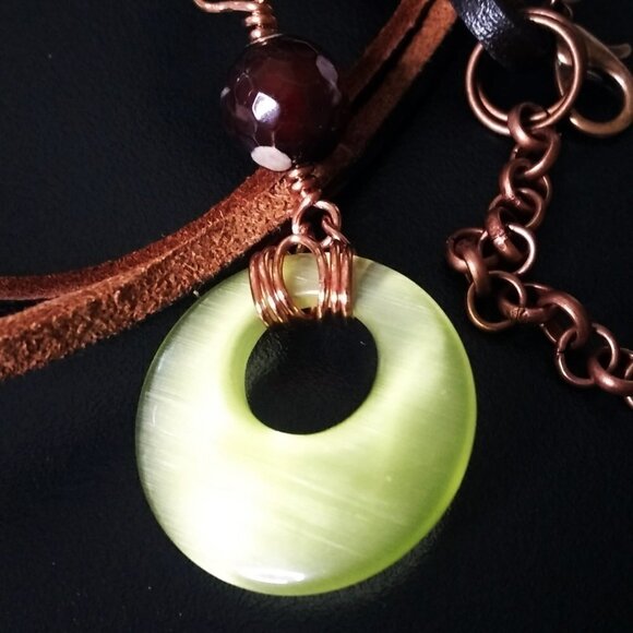 Handmade Owl Pendant: CatsEye + Fire Agate + Patina Paint + Real Leather Cord! - Picture 7 of 9